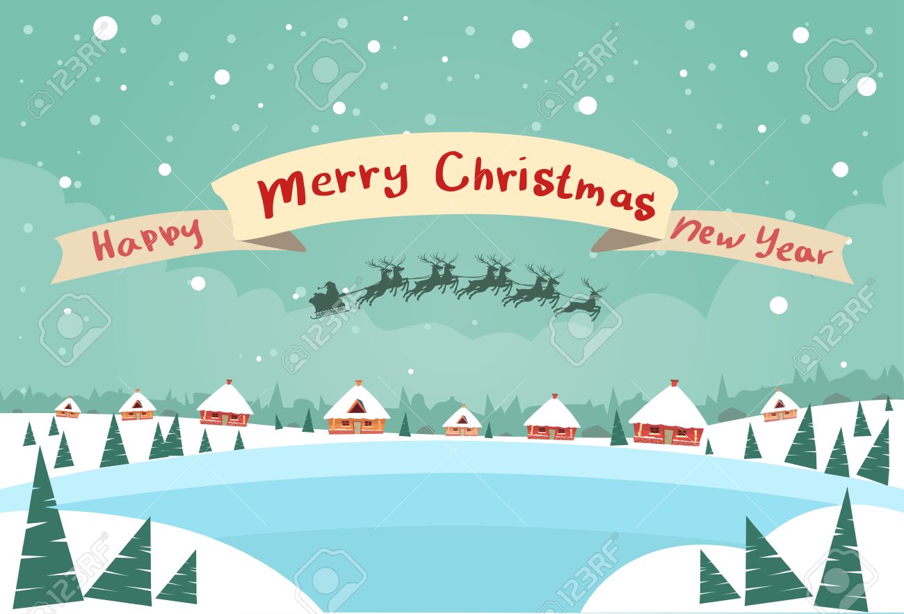 Merry Christmas And Happy New Year Banner Santa Claus Sleigh