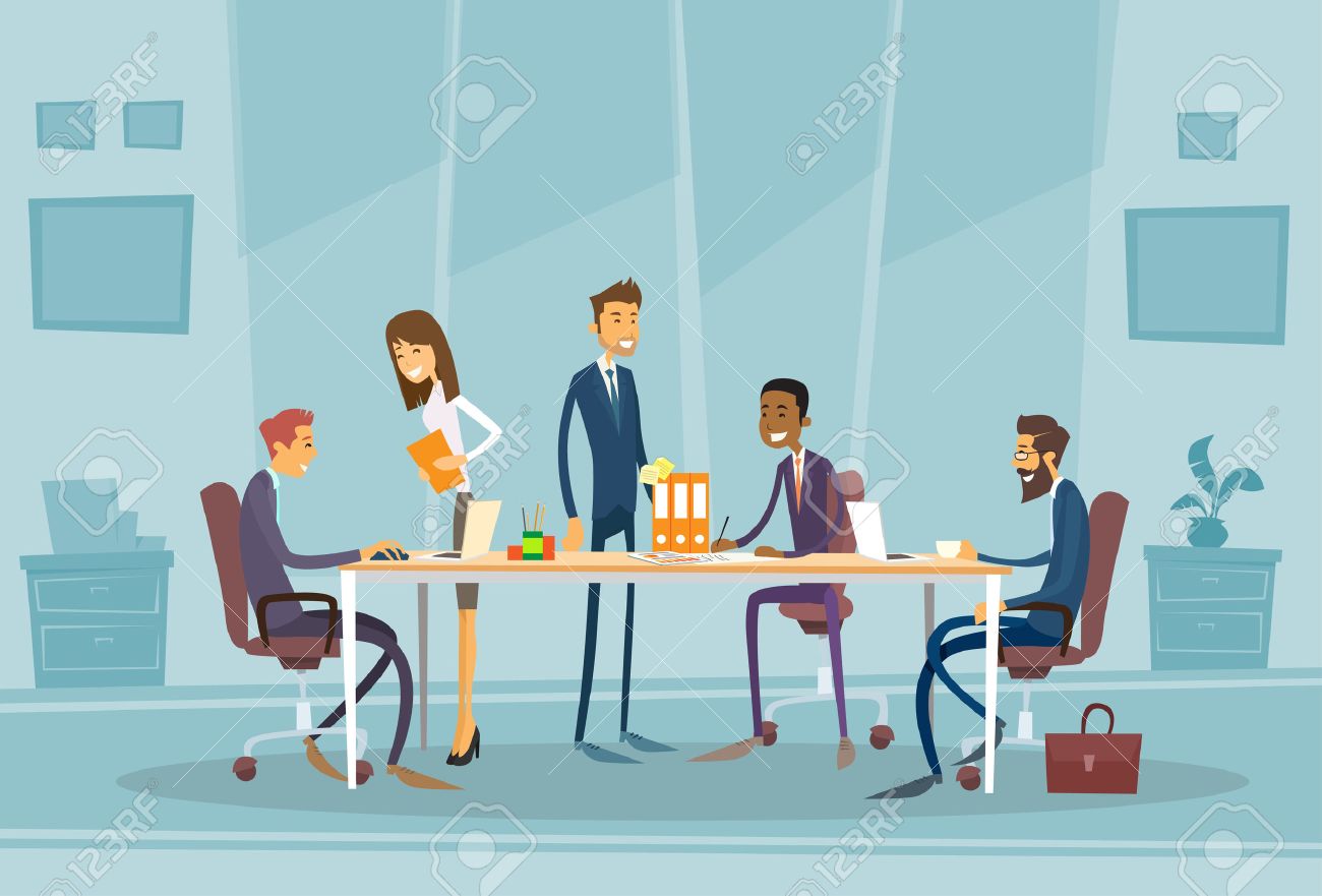 Business People Meeting Discussing Office Desk Business People Working Flat  Illustration Royalty Free SVG, Cliparts, Vectors, And Stock Illustration.  Image 48189083.