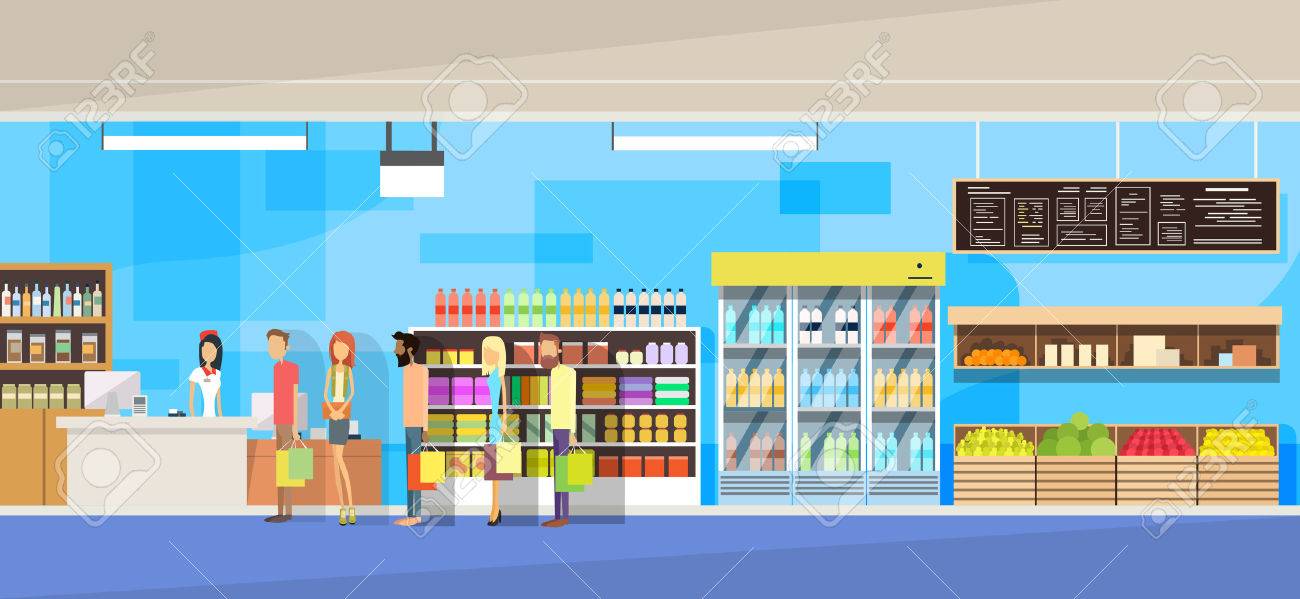 Big Shop Interior, Sales Woman, People Customers Stand In Line Cash Desk Vector Illustration - 52958273 Big Shop Interior, Sales Woman, People Customers Stand In Line Cash Desk Vector Illustration - 52958273