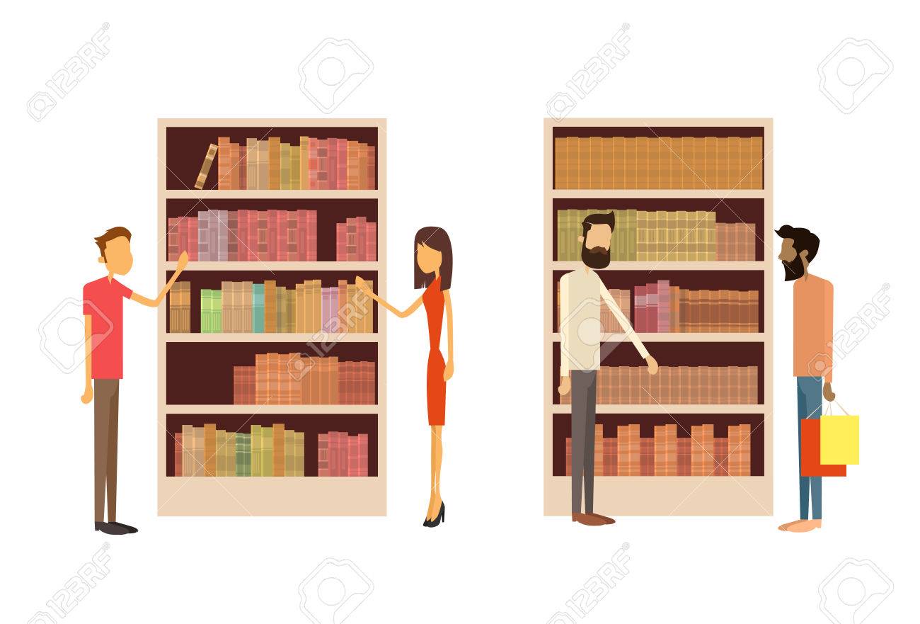 図書館 本ショップ インテリアな本棚フラットで人々 のベクター イラストのイラスト素材 ベクタ Image