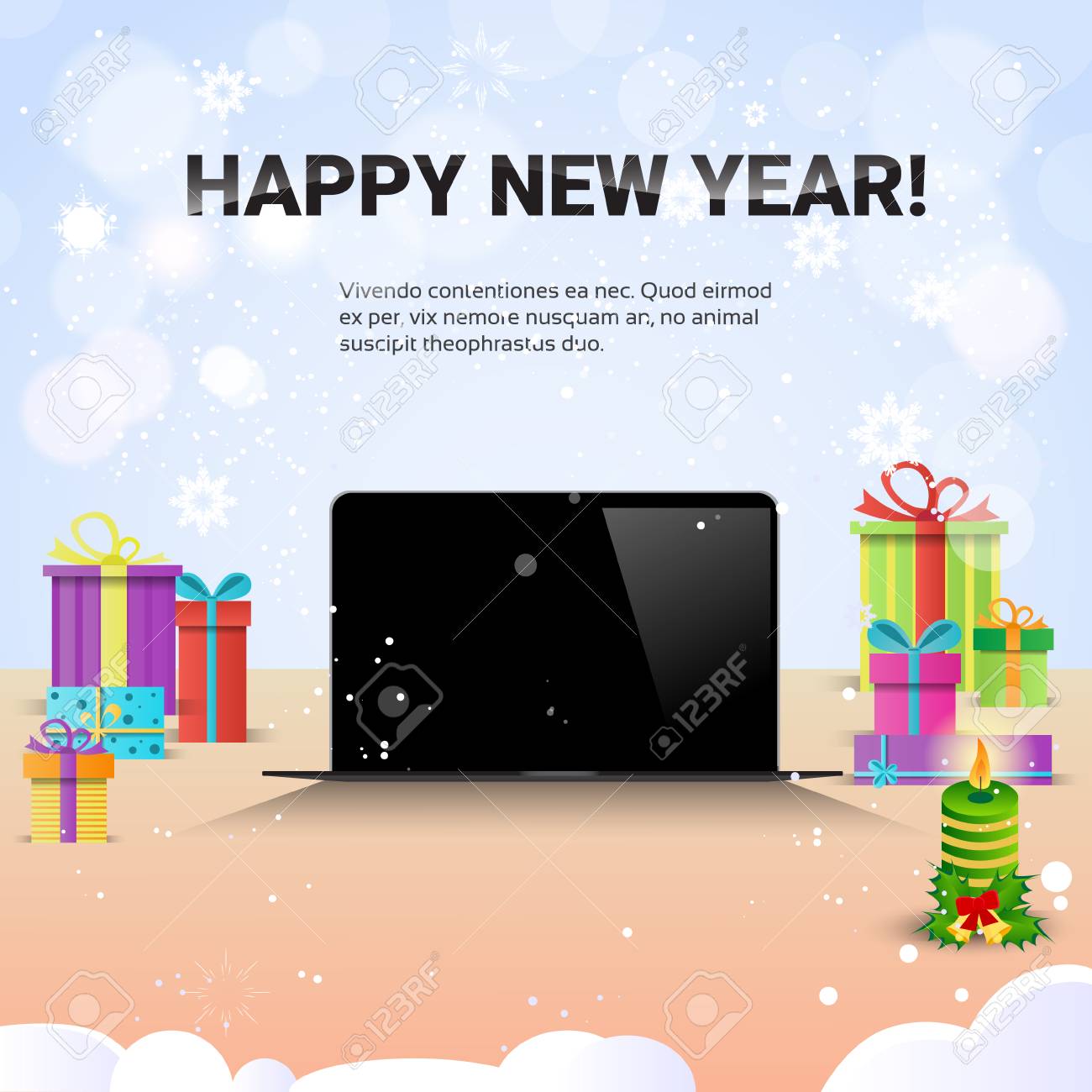 Decorated Workplace Laptop Computer Happy New Year Internet Christmas Sale  Decoration Flat Illustration Royalty Free SVG, Cliparts, Vectors, And Stock  Illustration. Image 65086140.