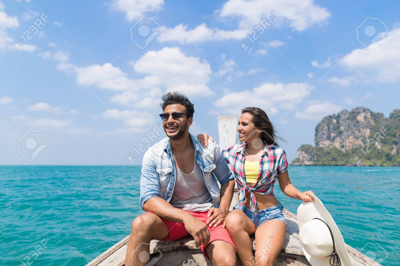 Young Couple Tourist Sail Long Tail Thailand Boat Ocean Sea Young Couple Tourist Sail Long Tail Thailand Boat Ocean Sea