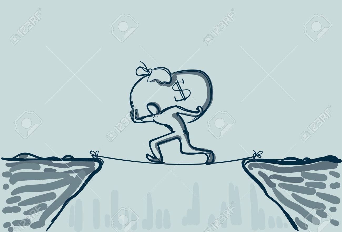Business Man Walk Over Cliff Gap Mountain Carry Big Money Bag Risking Dangerous Vector Illustration Stock Business Man Walk Over Cliff Gap Mountain Carry Big Money Bag Risking Dangerous Vector Illustration Stock