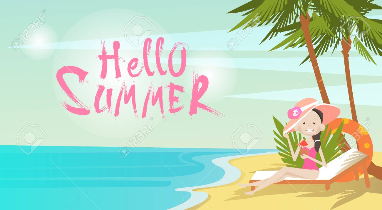 ビーチこんにちは夏の休暇熱帯シーサイド オーシャン ビュー フラット ベクトル イラスト女性 のイラスト素材 ベクタ Image