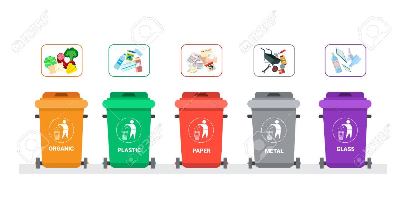 Basura Orgánica Dibujos De Los Botes De Reciclaje Ilustración De Coloridos  Contenedores De Reciclaje Para La, image size:1300x714