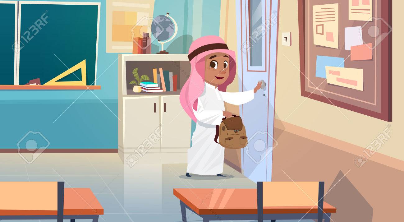 教室イスラム教徒瞳にアラブ少年オープニング学校ドア教室フラット