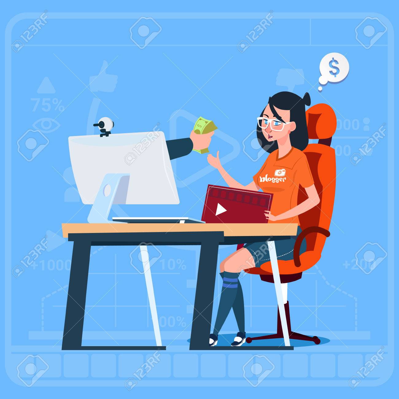 Girl Blogger Sit At Computer Streaming Video Blogs Earn Money - girl blogger sit at computer streaming video blogs earn money creator popular vlog channel flat vector