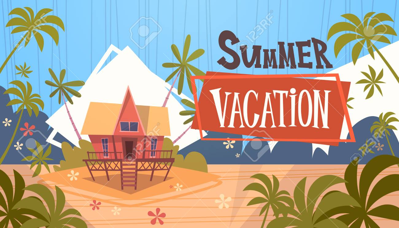 海のビーチの風景美しいバナー シーサイド ホリデー フラット ベクトル イラストの夏別荘バンガローのイラスト素材 ベクタ Image