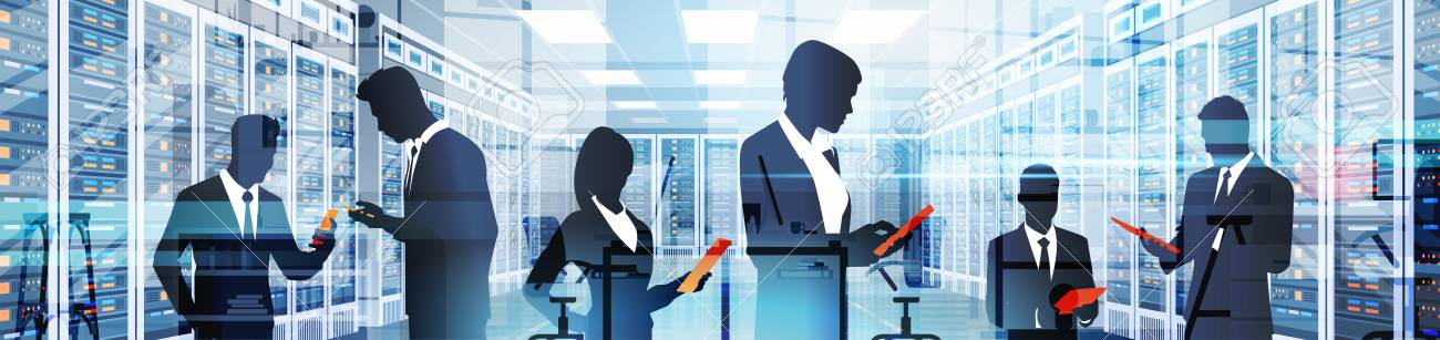 サーバー コンピューターの情報をホストしているデータ センター室で働くシルエット人データベースのフラットのベクトル図のイラスト素材 ベクタ Image