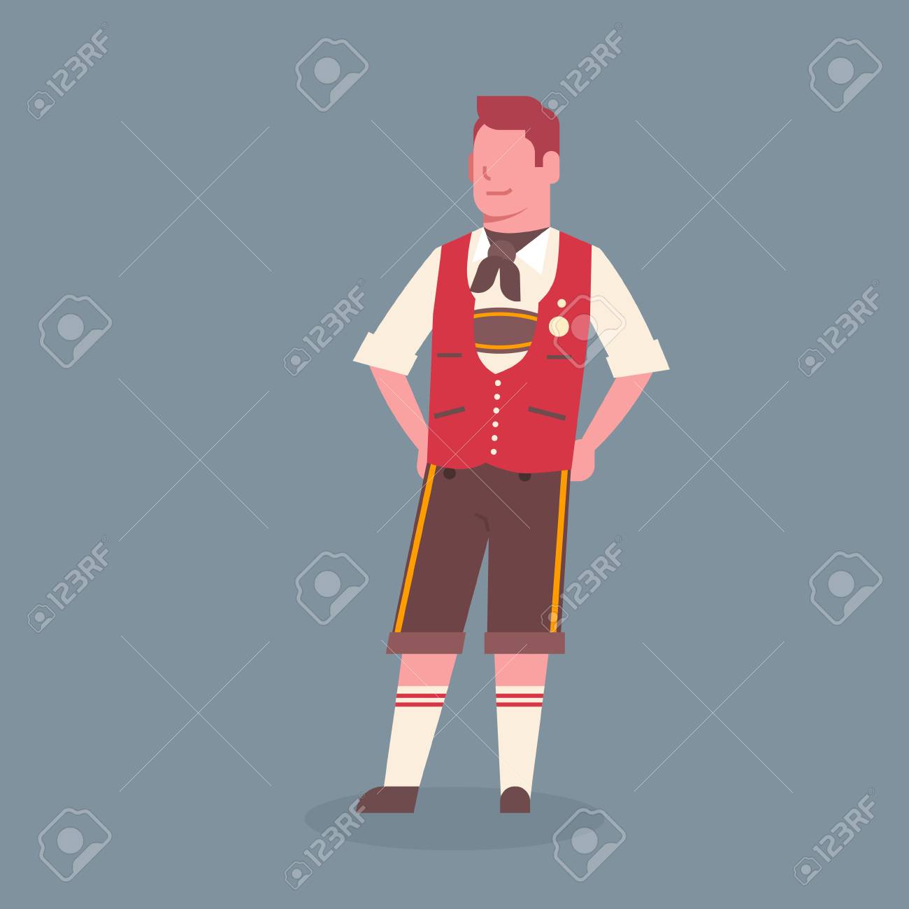 伝統的なドイツの服を着ている男性オクトーバーフェスト ウェイタービールフェストコンセプトフラットベクトルイラスト のイラスト素材 ベクタ Image