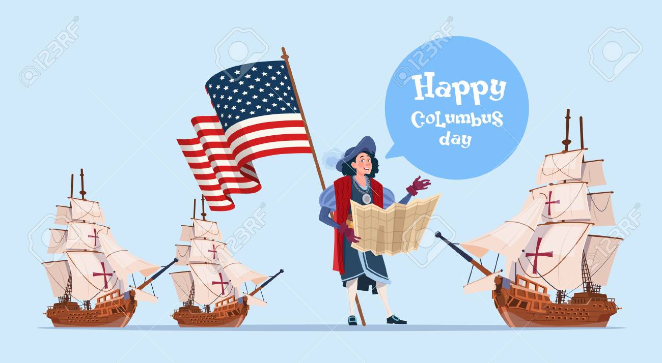ハッピーコロンブスデー船アメリカ発見 フラット ベクトル イラスト休日ポスター グリーティング カード の写真素材 画像素材 Image