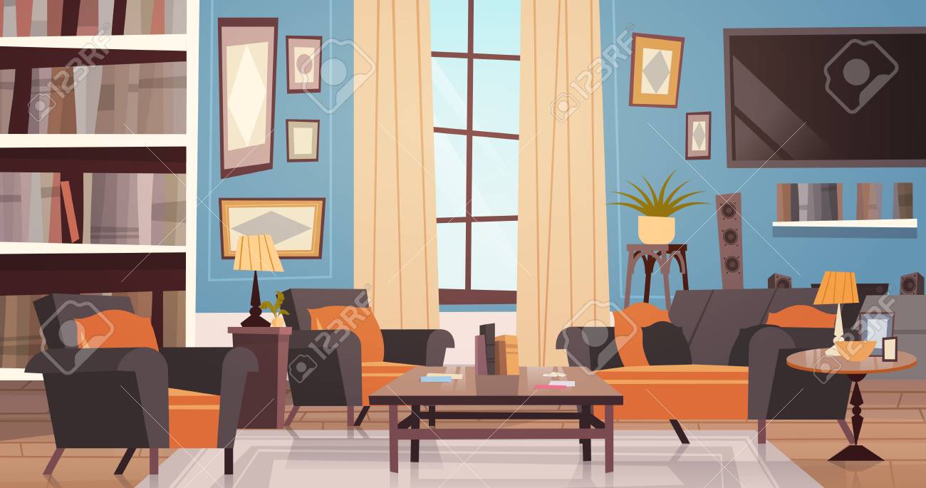 Cozy Living Room Interior Design With Modern Furniture Window Royalty Free Cliparts Vectors And Stock Illustration Image 88771738