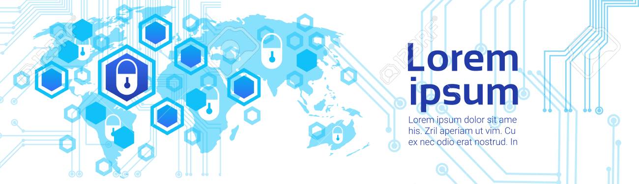 ロック世界地図背景アクセス技術コンセプトのデータ保護とセキュリティ水平バナー ベクトル図を閉じるのイラスト素材 ベクタ Image