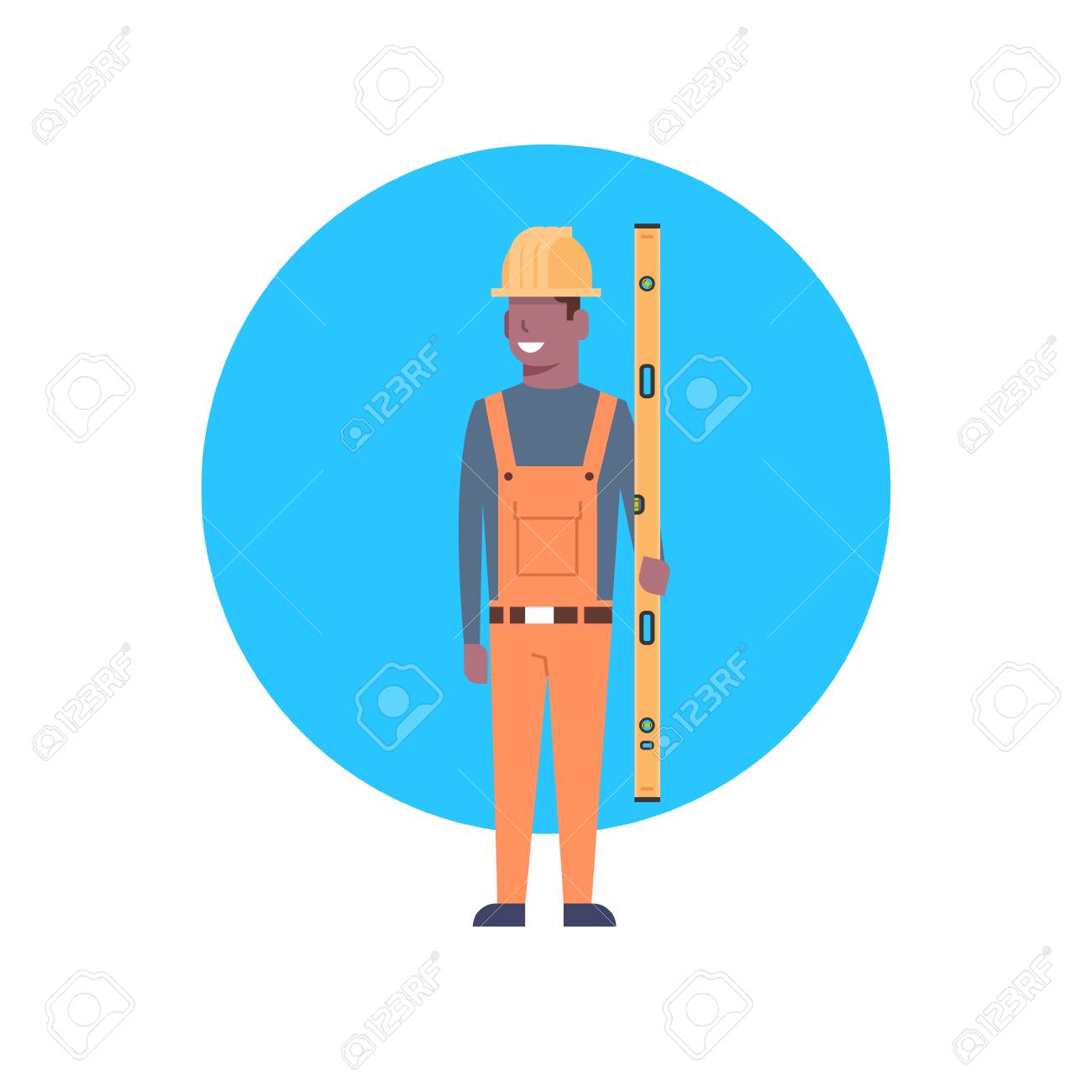 建設労働者アイコン ヘルメットを着用したアフリカ系アメリカ人ビルダーの男性 フラットベクトルイラスト のイラスト素材 ベクタ Image