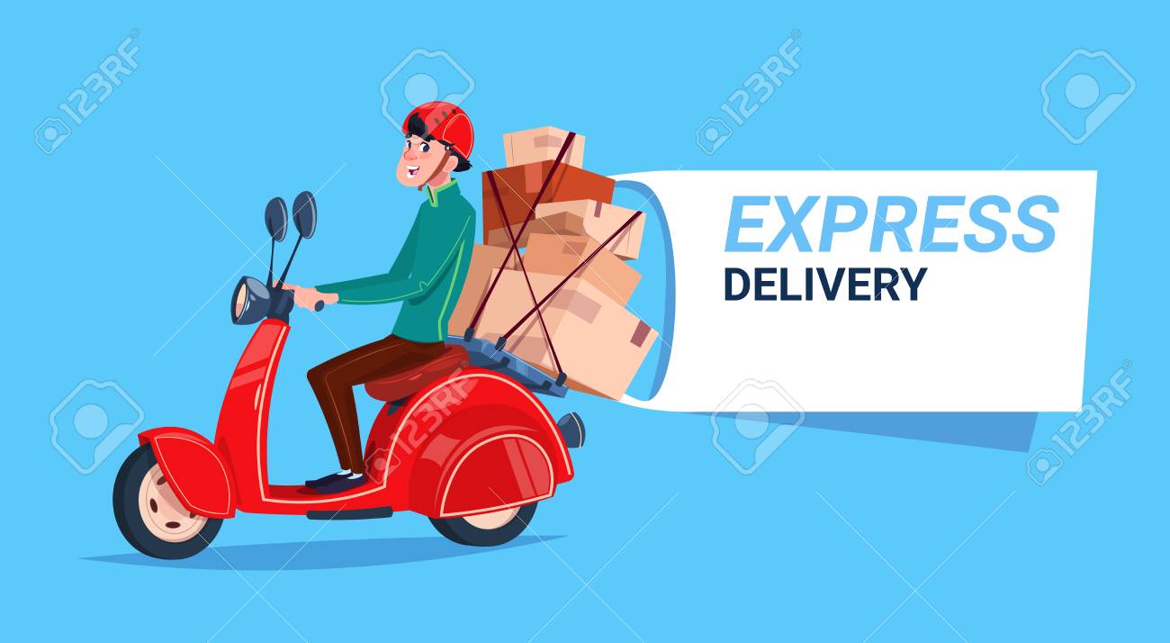 Fast delivery service icon. Courier boy riding motor bike. Template banner with copy space. Flat vector illustration. - 93452058 Fast delivery service icon. Courier boy riding motor bike. Template banner with copy space. Flat vector illustration. - 93452058