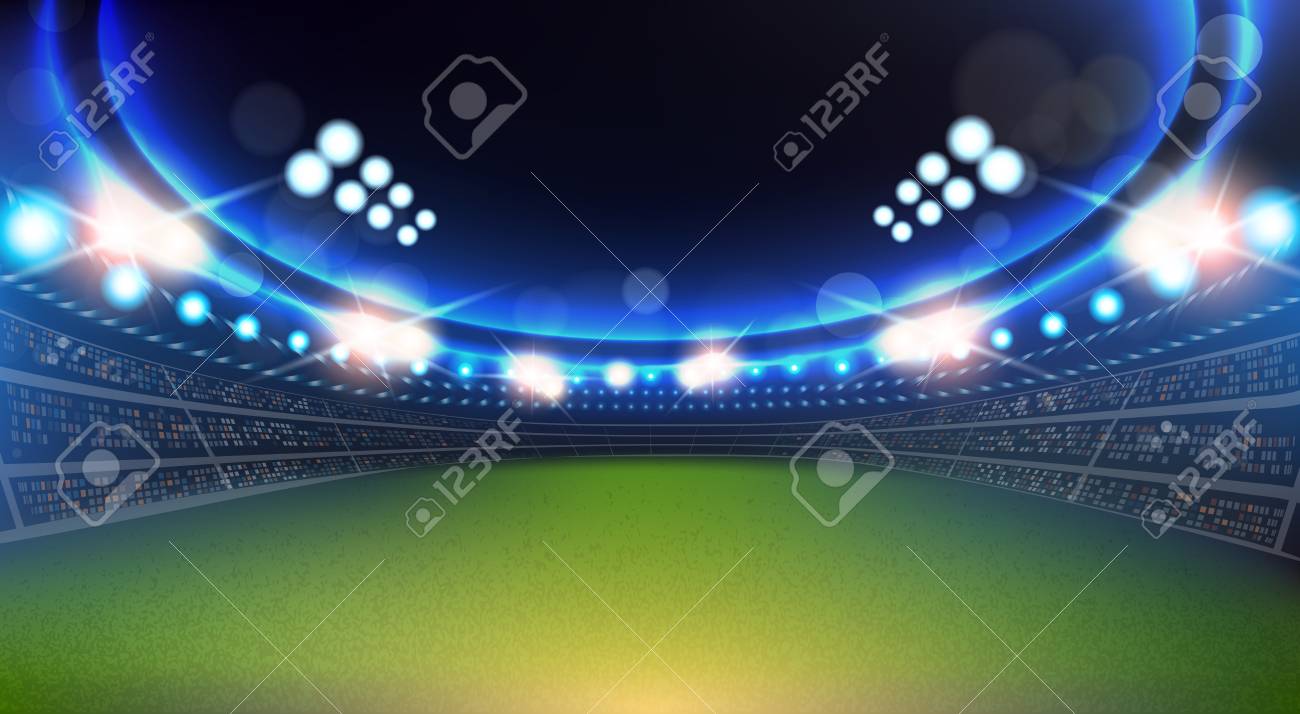 ライトとトリビューンの背景フラットベクトルイラストとスポーツスタジアムのイラスト素材 ベクタ Image