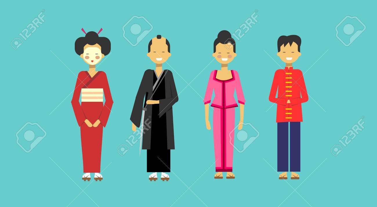 伝統的なアジアの衣装セット着物の中国人と日本の服を着た人々フラットベクトルイラスト のイラスト素材 ベクタ Image