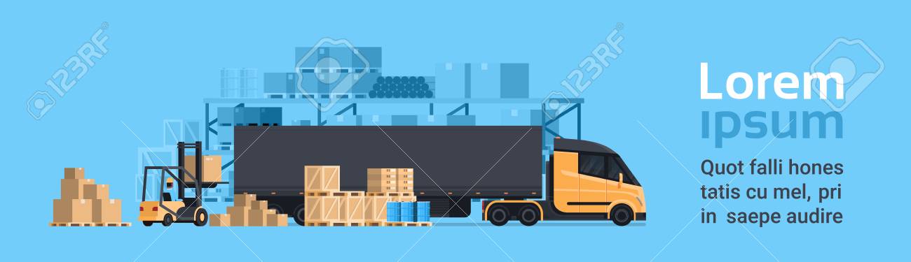 フォークリフト 貨物コンテナトラック倉庫の建物とローリーローディング のイラスト素材 ベクタ Image