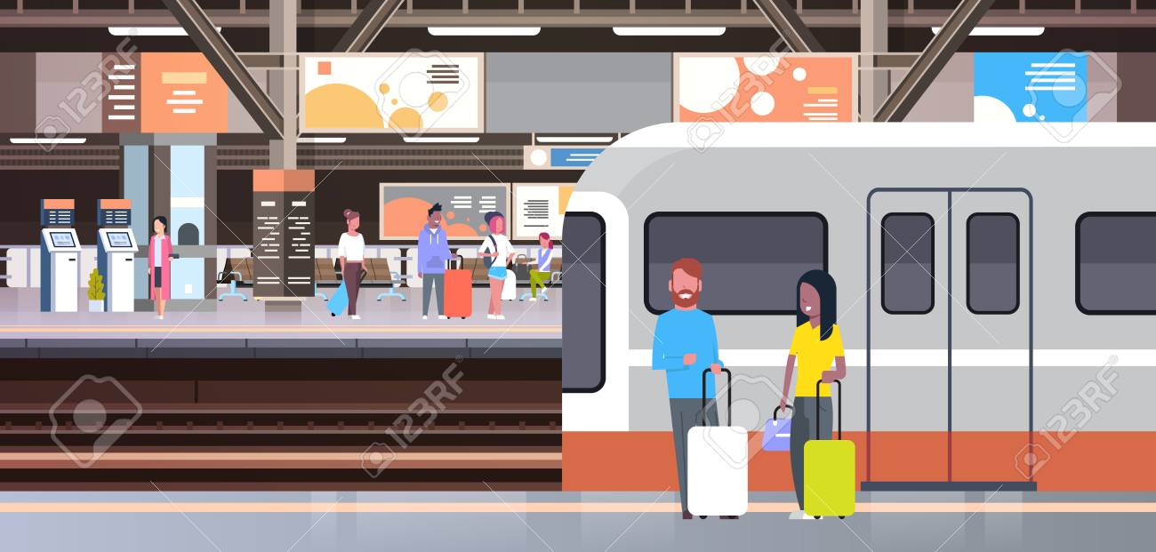 Railway Station With People Passengers Going Off Train Holding Royalty Free Cliparts Vectors And Stock Illustration Image