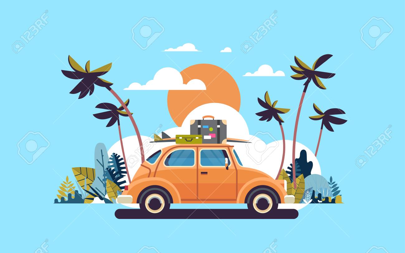 retro car with luggage on roof tropical sunset beach surfing vintage greeting card template poster flat vector illustration - 103842447 retro car with luggage on roof tropical sunset beach surfing vintage greeting card template poster flat vector illustration - 103842447