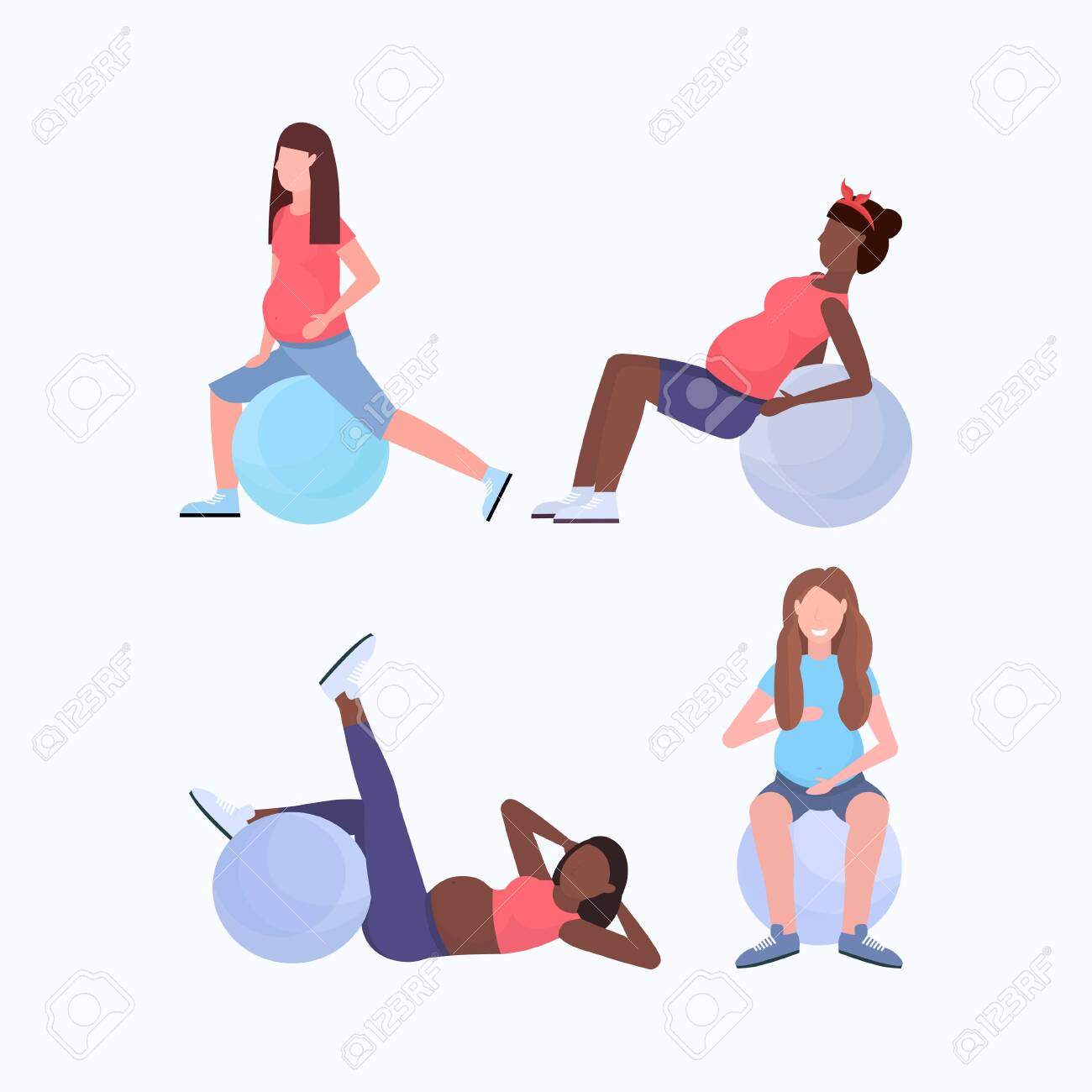 set mix race pregnant women doing different exercises with gymnastic ball girl working out on fitball fitness pregnancy healthy lifestyle concept full length flat vector illustration - 125884486 set mix race pregnant women doing different exercises with gymnastic ball girl working out on fitball fitness pregnancy healthy lifestyle concept full length flat vector illustration - 125884486