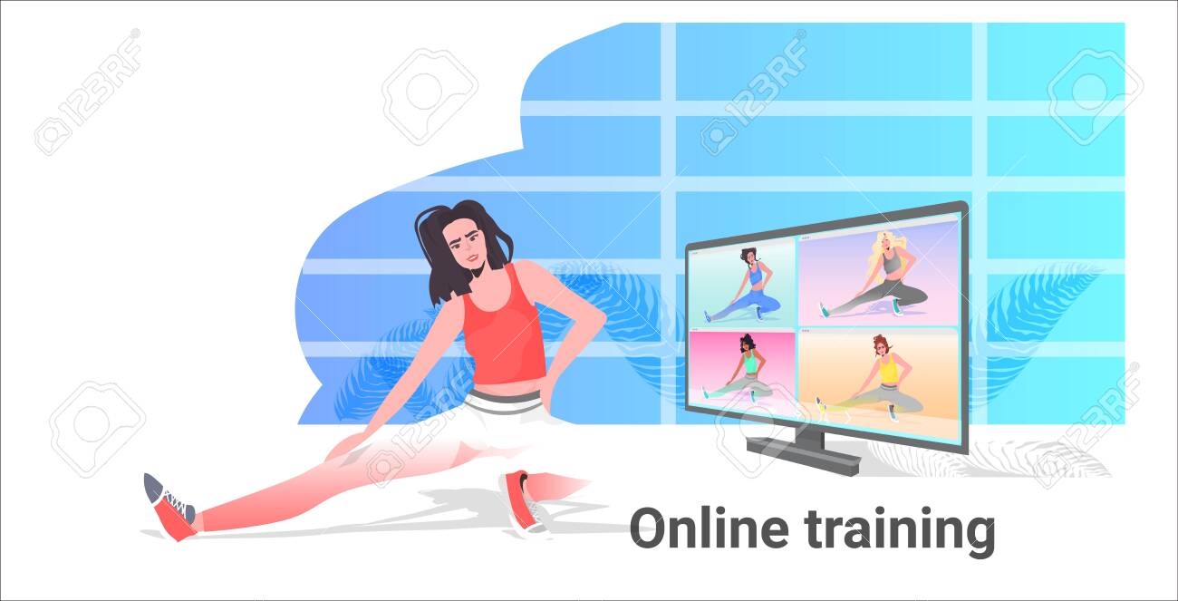 Woman Doing Yoga Fitness Exercises Girl Watching Tutorials On Royalty Free Cliparts Vectors And Stock Illustration Image