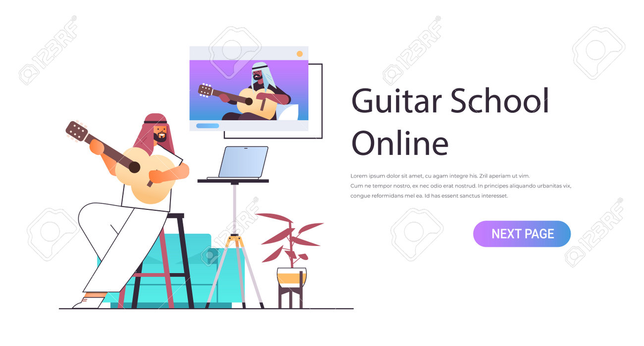 Arab Man Playing Guitar With Arabic Teacher In Web Browser Window During Virtual Conference Online Music School Royalty Free Cliparts Vectors And Stock Illustration Image 165549496