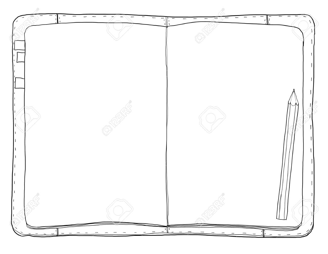 キュートなイラストを描くヴィンテージのノートブックおよび鉛筆線画 の写真素材 画像素材 Image