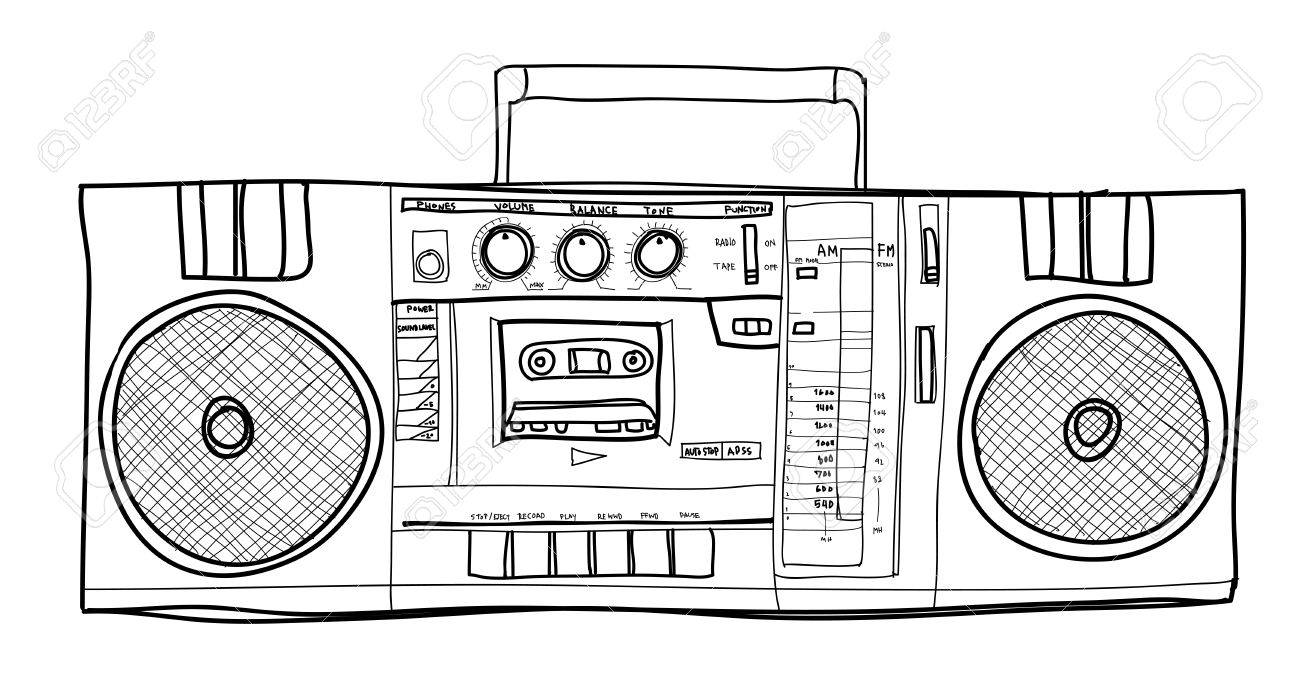 ステレオ ラジカセ ラジオ ヴィンテージ手描き線画イラスト の写真素材 画像素材 Image