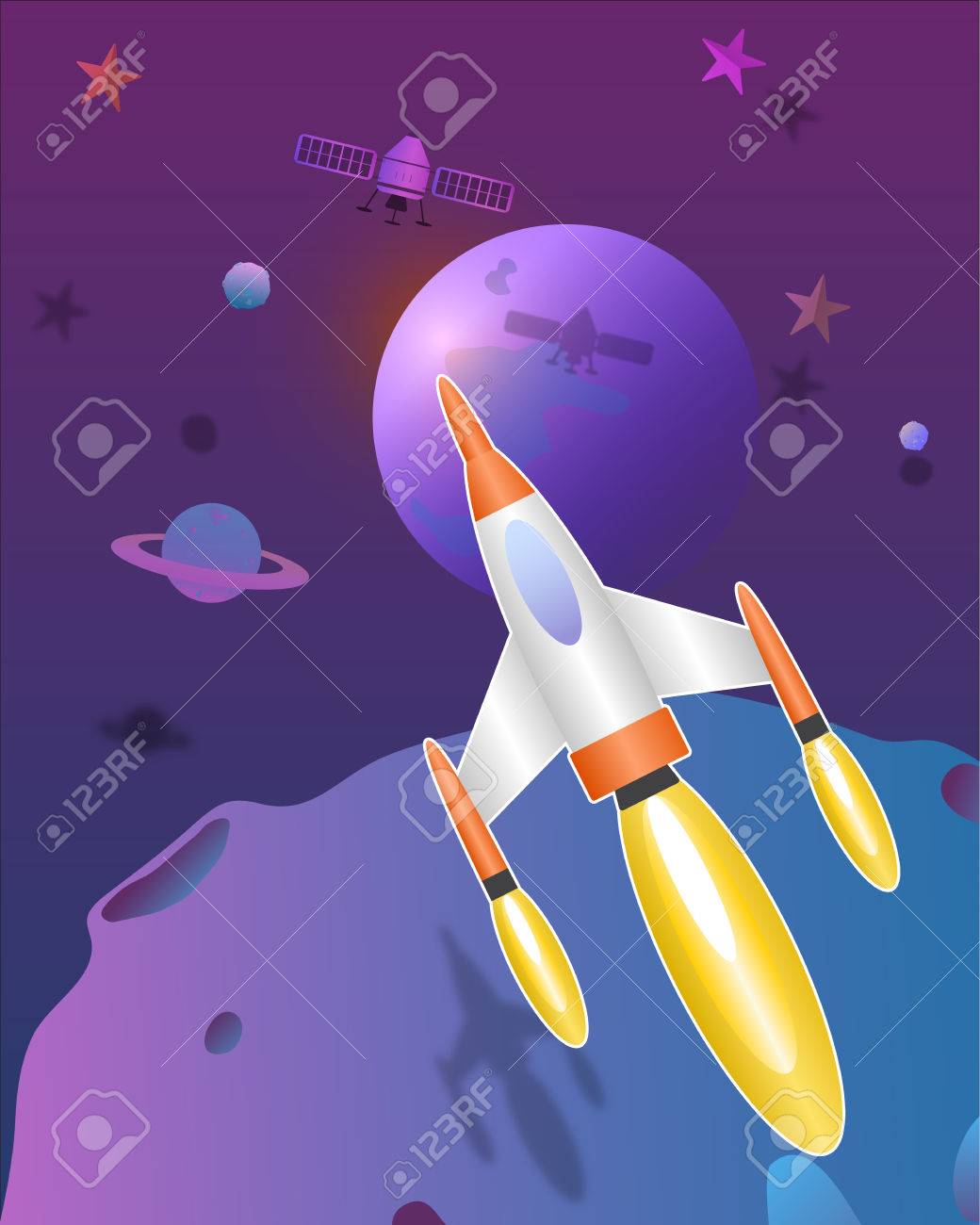 宇宙キュートなアート ベクトル紙アート イラストを飛んでいる宇宙ロケットのイラスト素材 ベクタ Image