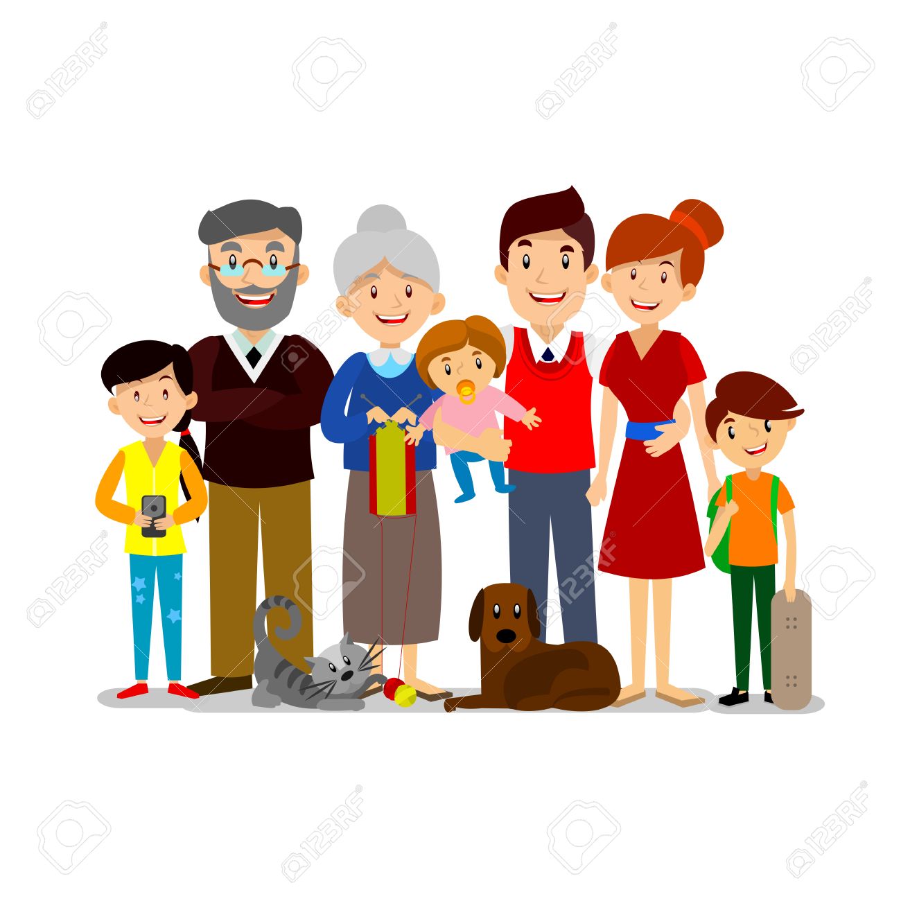 Gran Familia Feliz Los Padres Con Ninos Padre Madre Hijos Perro Abuelo Abuela Y El Gato Ilustraciones Vectoriales Clip Art Vectorizado Libre De Derechos Image