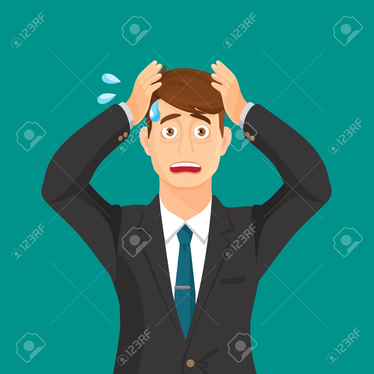 青の背景に不安の人の肖像 漫画イラスト 不安は 彼の顔と悲鳴で手を保持します 頭痛の痛み 心配して敗者 疲れている 怒っている人 失望して 落ち込んで ショックを受けた ベクトル のイラスト素材 ベクタ Image