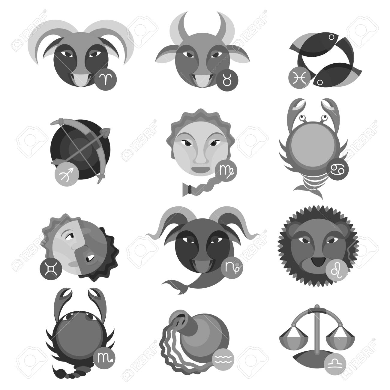 無色の占星術のサインのセットです 火牡羊座レオと射手座の近く 地球のサイン おうし座 おとめ座 山羊座 ジェミニを空気 水蠍座と魚座 天秤座と水瓶座のベクトルとサインがん の写真素材 画像素材 Image