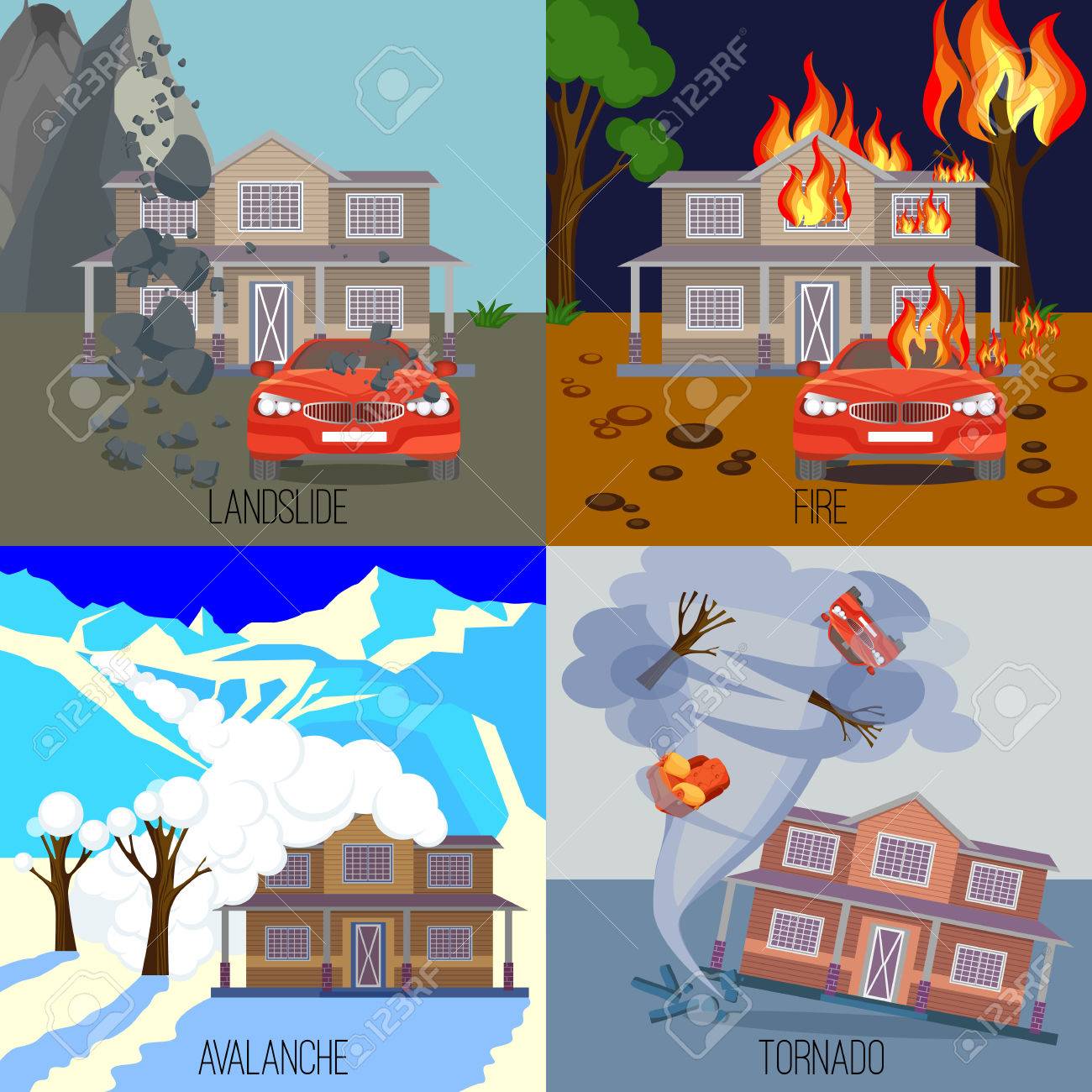 自然災害バナー現実的なベクトル イラストのセットです 山で雪崩 地すべりは地面の動きによって引き起こされます 火事で燃えて家 竜巻ねじれコテージ の イラスト素材 ベクタ Image