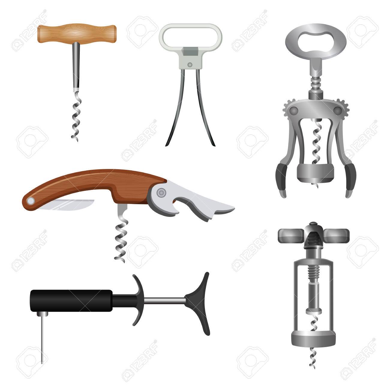 木製と金属製栓抜きのセットは ベクター グラフィックを処理します ボトル コルク栓抜きコルクやプラスチック ストッパーを削除するために使用から金属製のキャップを取除くための装置の種類のイラスト素材 ベクタ Image 8044
