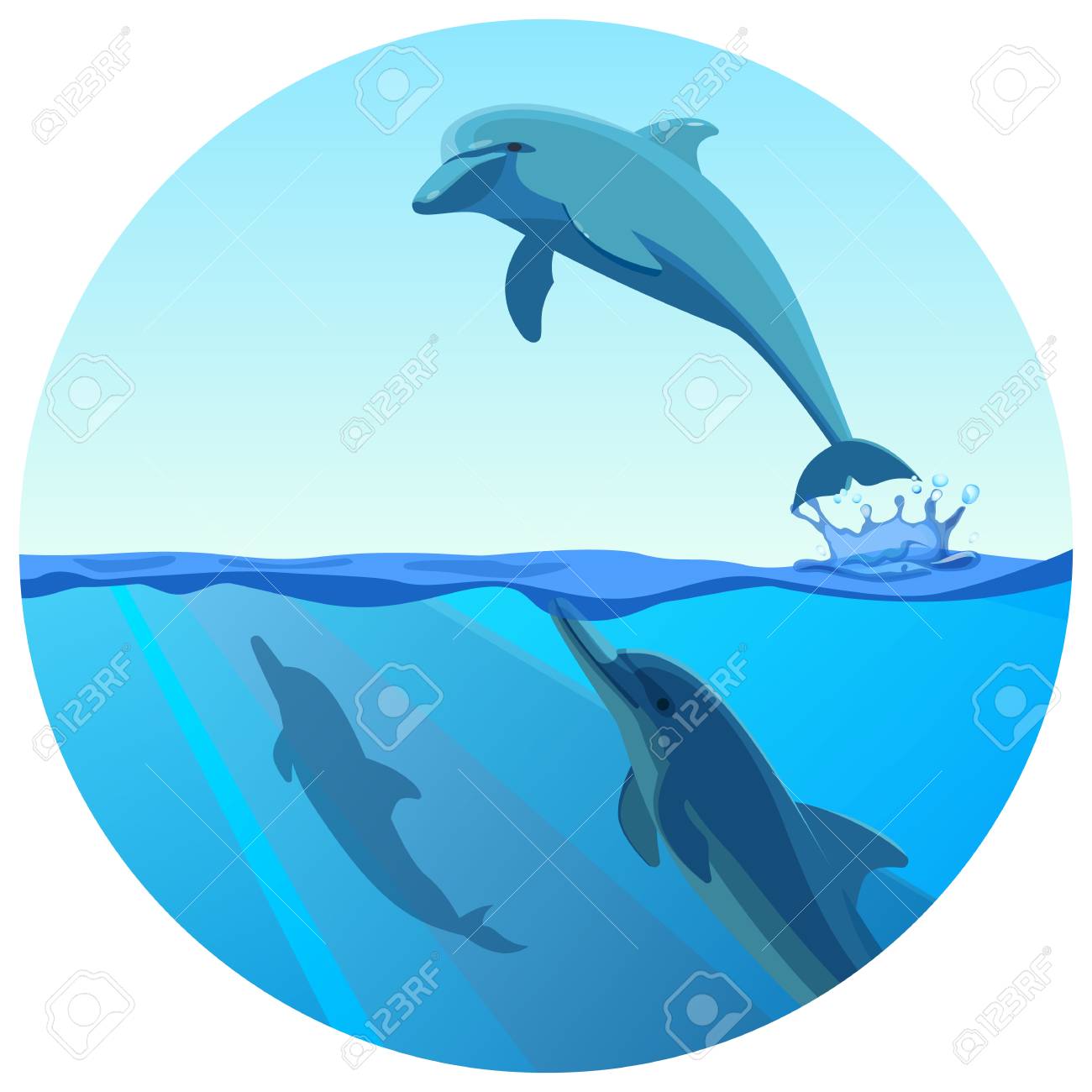 深い青い海で水から飛び出すイルカ ベクトルイラスト のイラスト素材 ベクタ Image