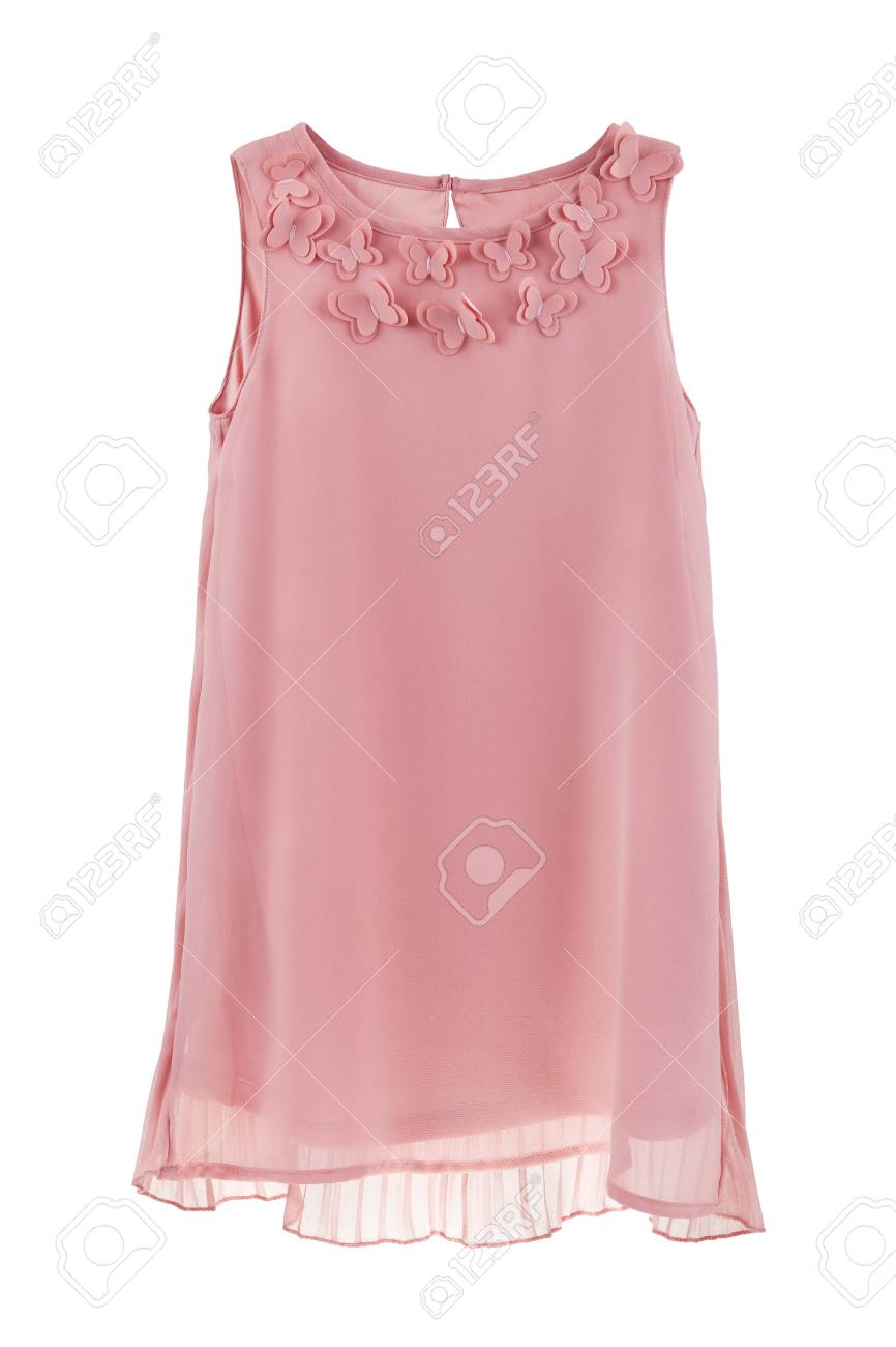 女の子は 白い背景で隔離のロマンチックなシフォン ドレス プリーツ バックと蝶 ピンク子供服ドレスします の写真素材 画像素材 Image