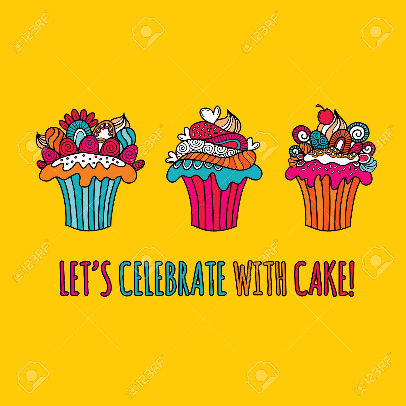 アイシング 心 まんじ 装飾や抽象的な図形にかわいいカップケーキ落書きベクトル図のイラスト素材 ベクタ Image 70834185