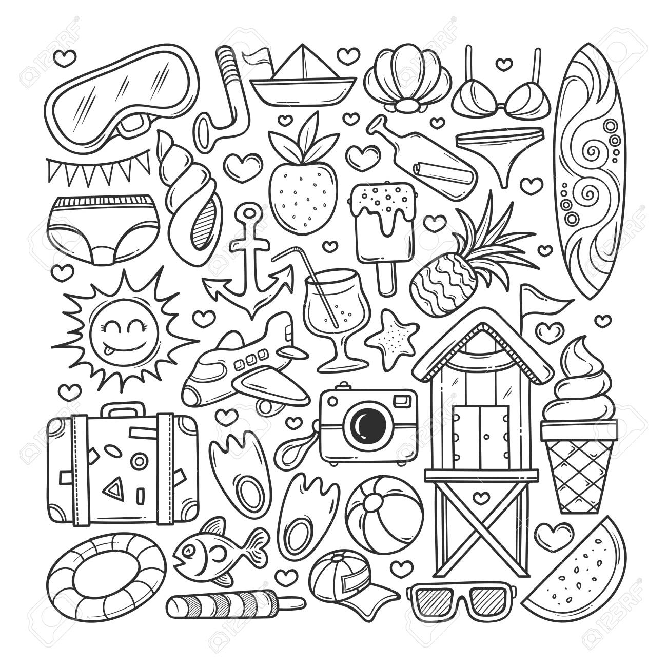 Summer Icons Hand Drawn Doodle Coloring Vector Summer Icons Hand Drawn Doodle Coloring Vector