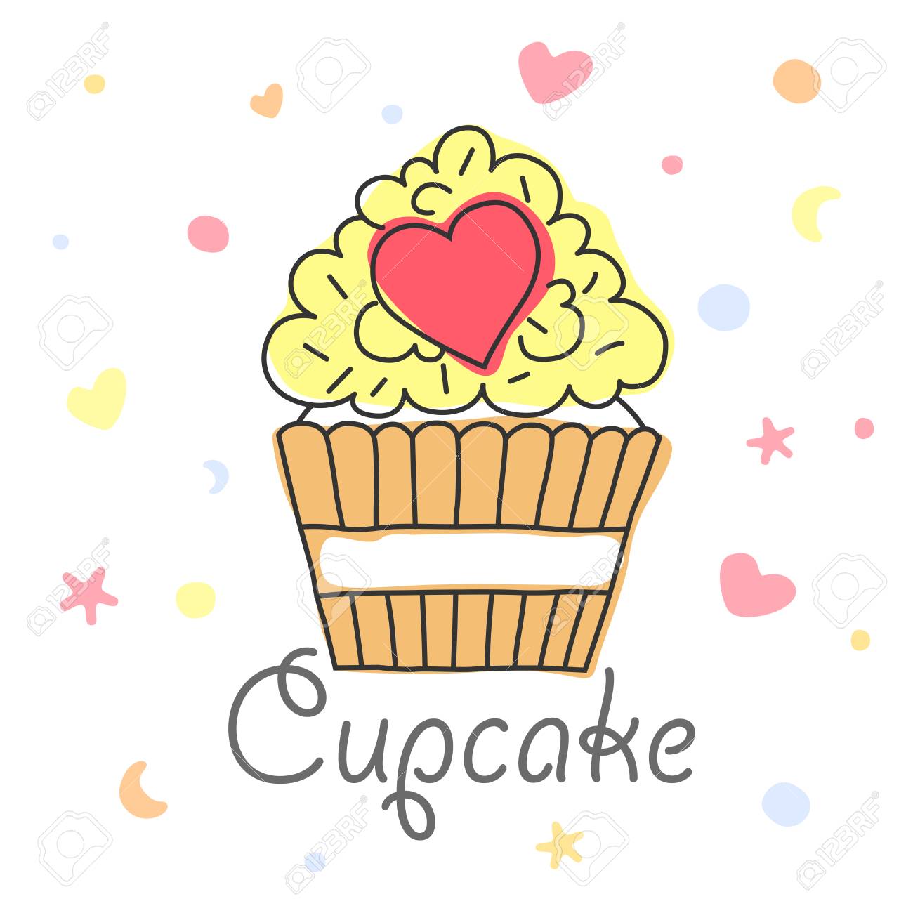 フリーハンドのアウトラインとデザートレタリングを持つ水彩カップケーキとベクタースクエア画像のイラスト素材 ベクタ Image フリーハンドのアウトラインとデザートレタリングを持つ水彩カップケーキとベクタースクエア画像のイラスト素材 ベクタ Image
