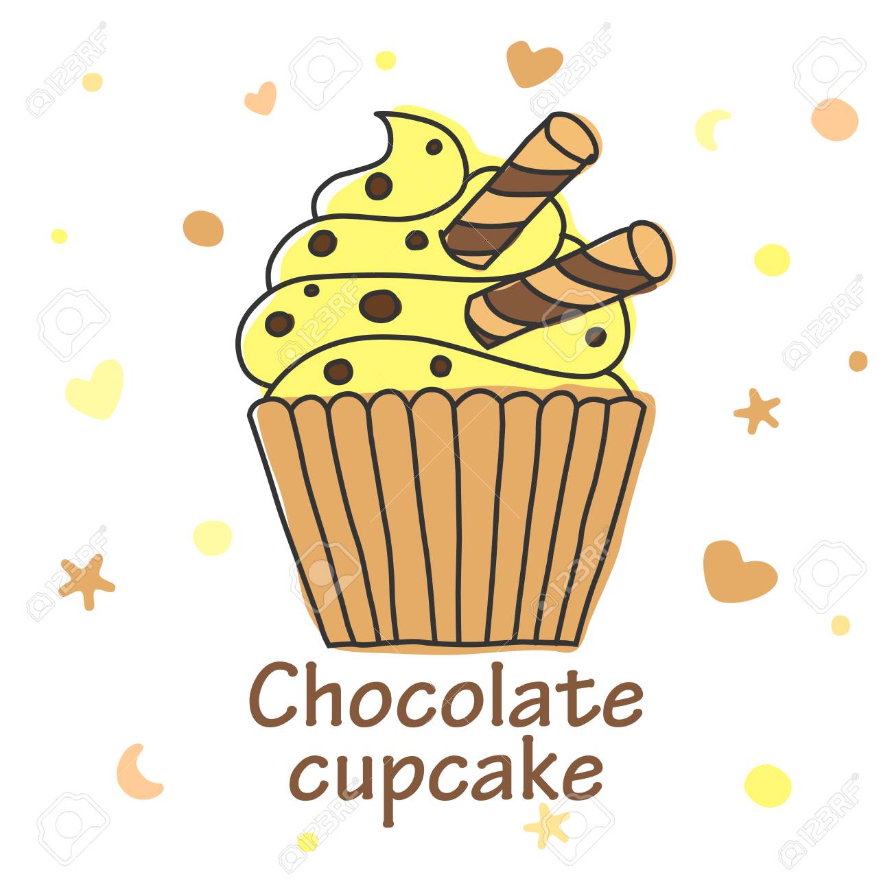 フリーハンドのアウトラインとデザートレタリングのチョコレートカップケーキを持つベクタースクエア画像のイラスト素材 ベクタ Image
