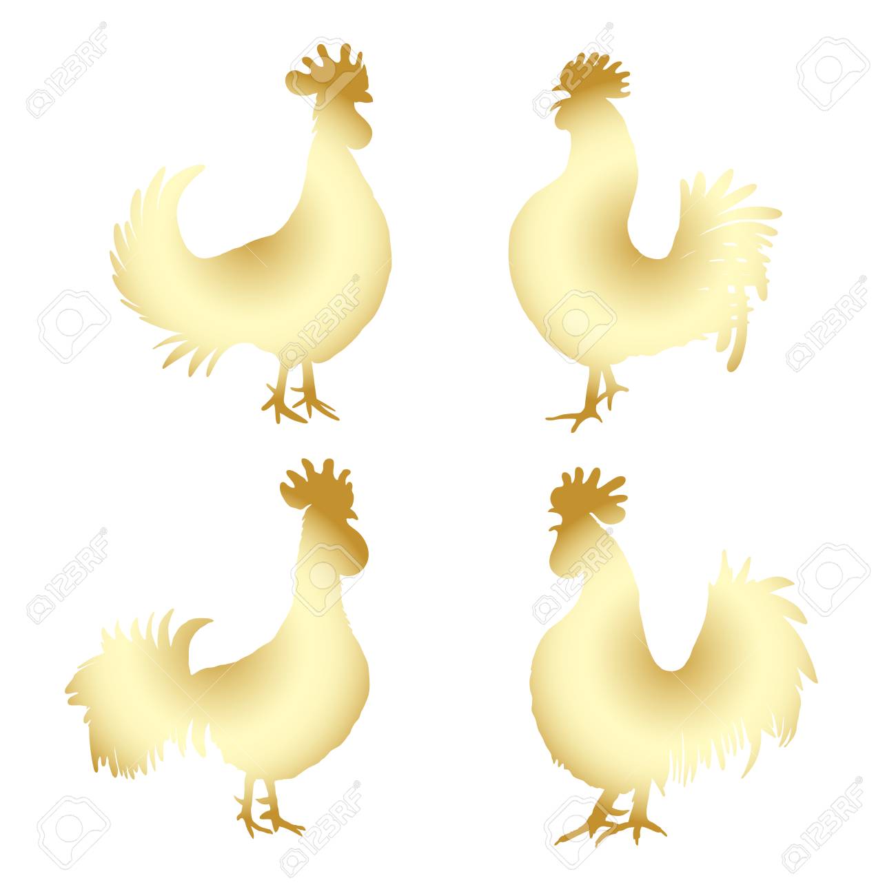 酉のシンボルの中国 17 年のセットです 金の金属のオンドリのコレクションです 手グラデーション描画鳥 中国のカレンダーの干支 鶏 の黄金シルエットのバンドルです のイラスト素材 ベクタ Image