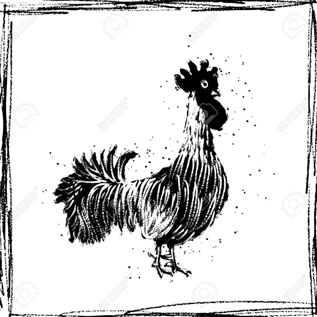 Schwarzer Hahn Im Vintage Grunge Rahmen Frohes Neues Jahr 2017 Tierkreis Grusskarte Imitation Von Hand Zeichnen Oder Malen Von Hahn Silhouette Mit Chinesischen Kalligraphie Ink Sticks Oder Tusche Lizenzfrei Nutzbare Vektorgrafiken Clip Arts