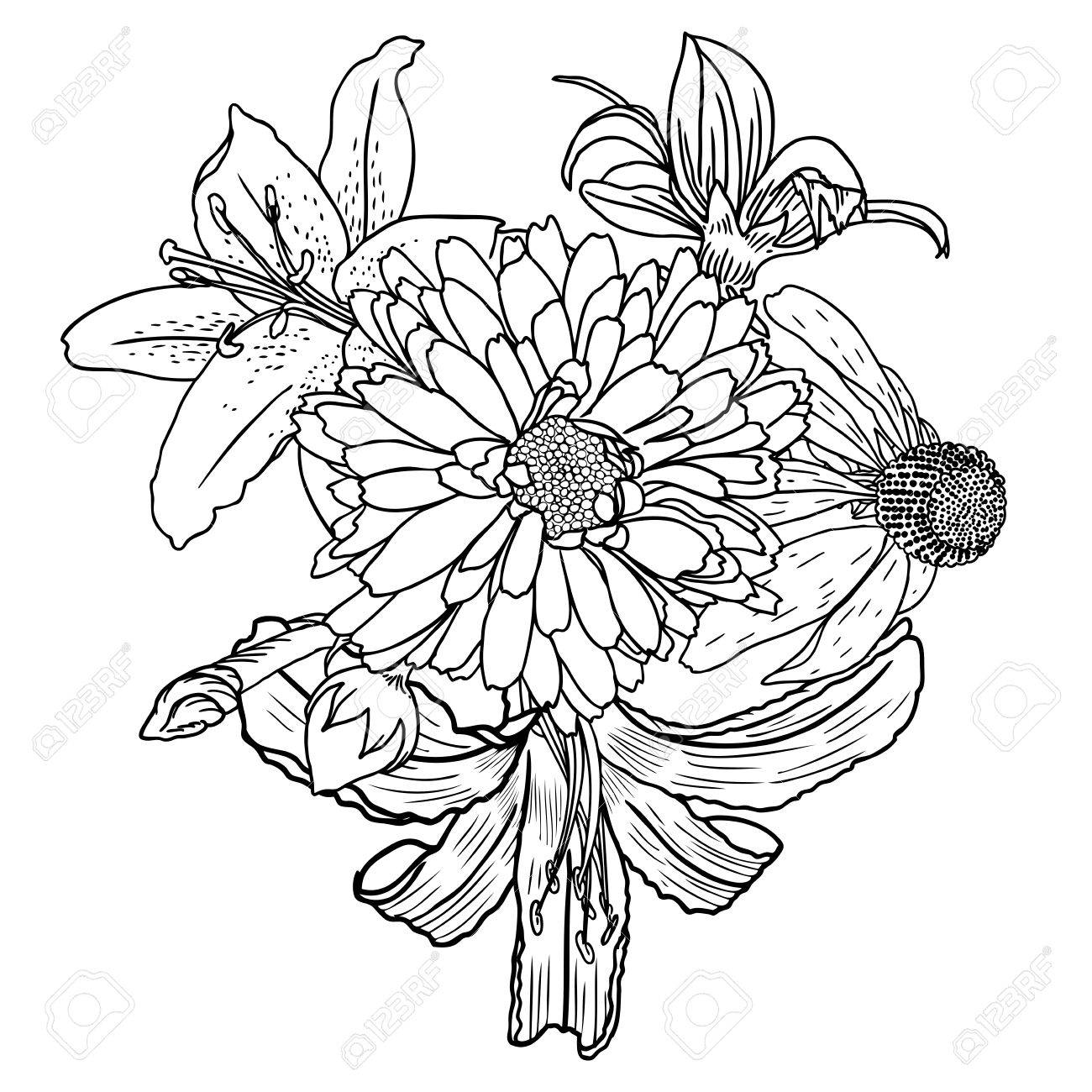 Blumen Blumenstrauss Aus Verschiedenen Handgezeichneten Blumen Vintage Schwarz Weiss Und Isoliert Kann Als Einladung Grusskarte Verwendet Werden Drucken Vektor Lizenzfrei Nutzbare Vektorgrafiken Clip Arts Illustrationen Image 74302904
