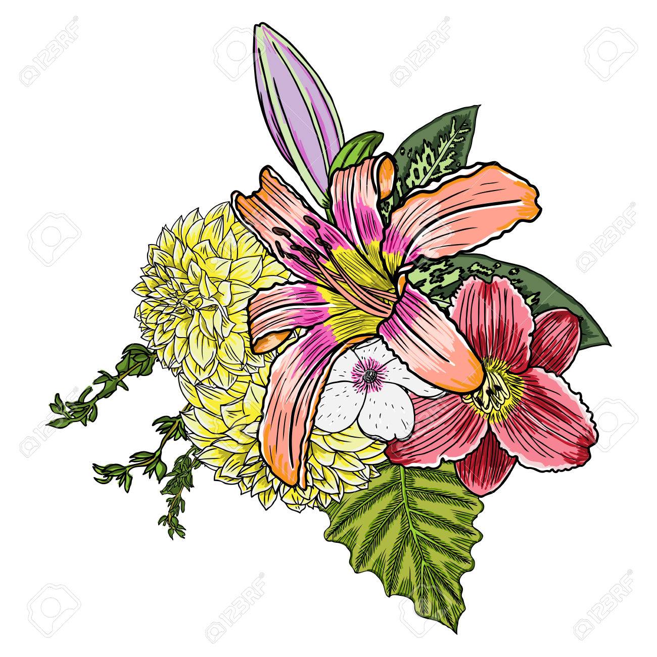 Vintage Jardin Dessin Printemps Bouquet Avec Diverses Fleurs Et Feuilles En Fleurs Isolé Illustration Vectorielle Botanique