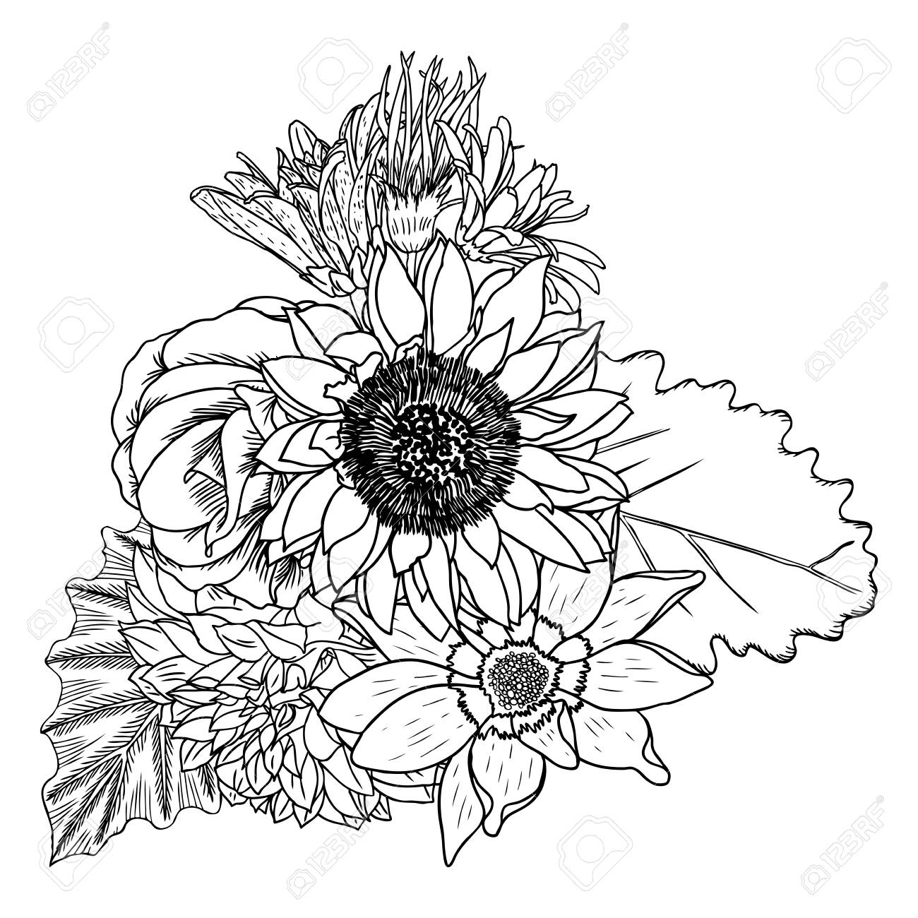 Vettoriale Fiori Bouquet Di Diversi Fiori Disegnati A Mano Vintage Bianco Nero E Isolato Puo Essere Utilizzato Come Invito Biglietto Di Auguri Stampa Vector Image