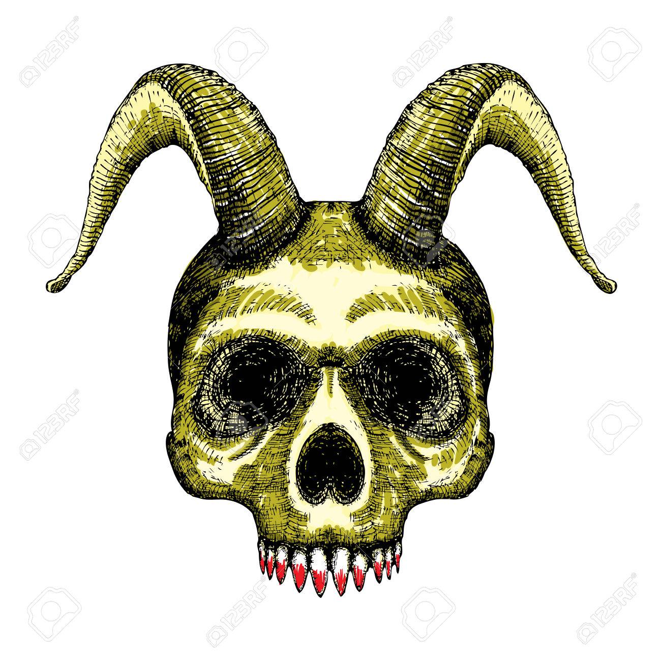 角と頭蓋骨 ヤギの角を持つ人間の頭蓋骨 悪魔の頭 悪魔 邪悪な超自然 魔術 オカルト 神話や民俗学 宗教属性 角のある人間の頭蓋骨の T シャツ プリント のイラスト素材 ベクタ Image