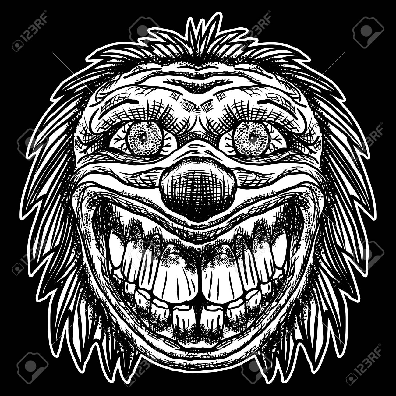 Evil Scary Clown Monster With Big Nose And Sharp Teeth. Blackwork Adult  Flesh Tattoo Concept. Horror Cartoon Illustration Isolated On Black  Background. Laughing Angry Insane Joker Head. Vector. Royalty Free SVG,  Cliparts,