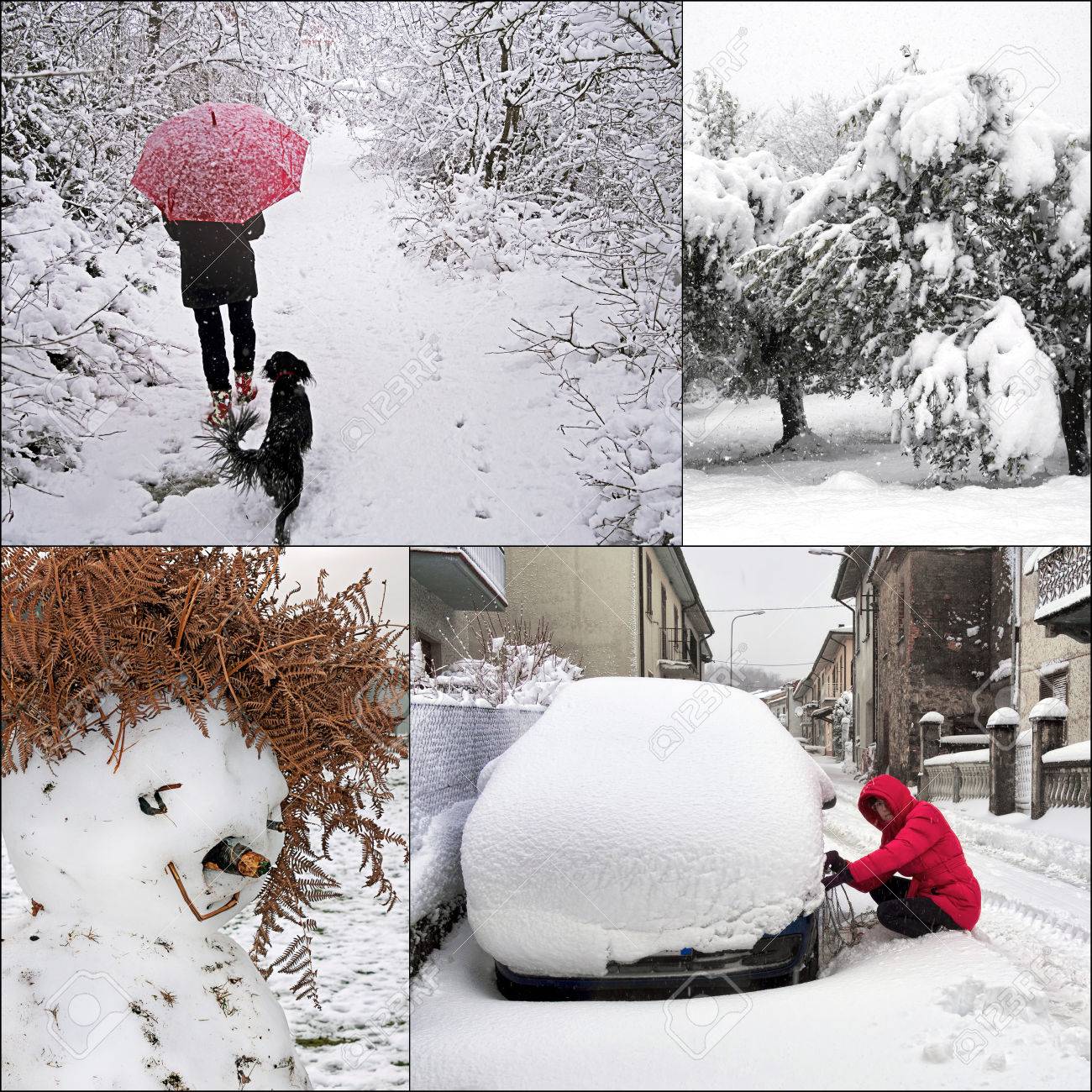 winter snow scenes collage snowchains snowman walking and trees snow scenes