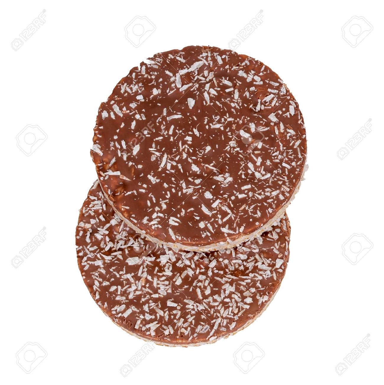 Rice cakes, crackers with milk chocolate and coconut. Healthy..